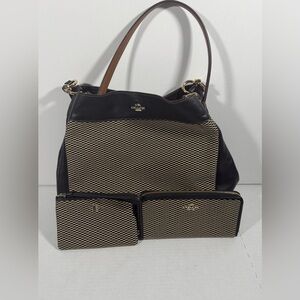 Women’s Coach Lexy Legacy Jacquard Tote Shoulder Bag Fabric/Leather 3 Pcs